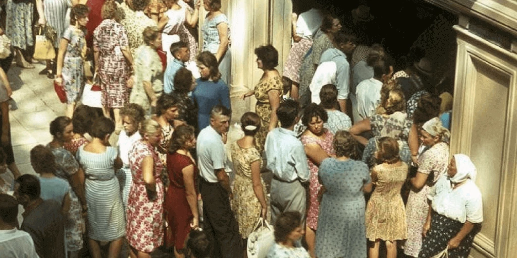 People waiting in line to buy bread in the Soviet Union