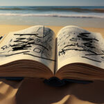 A dictionary in the beach sand with words scratched out