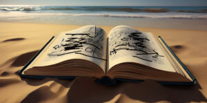 A dictionary in the beach sand with words scratched out
