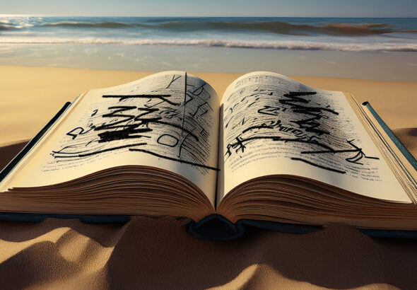 A dictionary in the beach sand with words scratched out